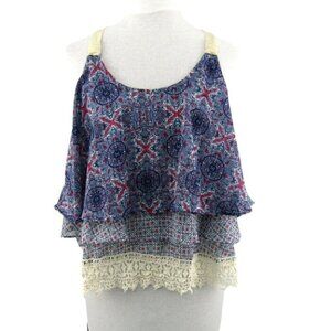 Jolt Blue Red Floral Crochet Lace Trim Racerback Layered Tank Top Womens Size M